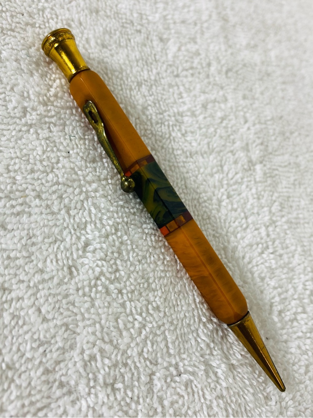 Vintage 1930s Art Deco Marbled Orange Gold Celluloid Mechanical Pencil